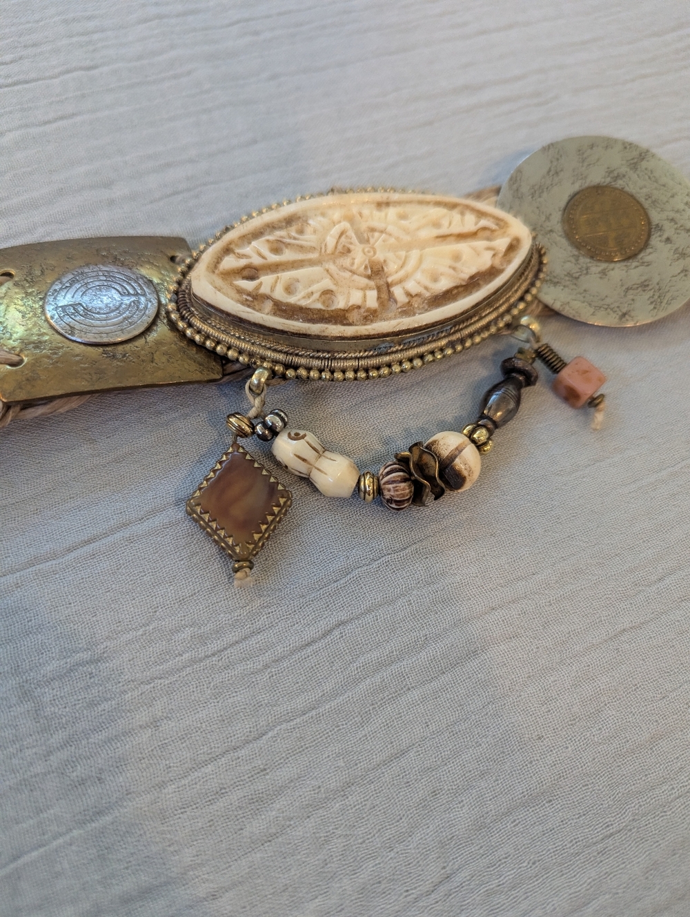 Vintage Western Boho Baer SF Handmade Belt With Mixed Metals And Woven Straw